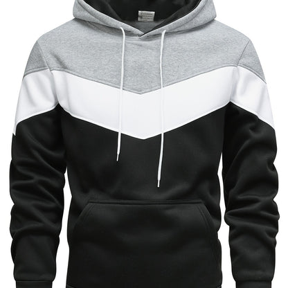 Mens Color Block Hooded Pullover Hoodie - Soft Slight Stretch Polyester Fabric, Long Sleeve, Regular Fit, Contrast Collar, Kangaroo Pocket, Hand Wash Only - Perfect Winter and Fall Streetwear Gift for Him