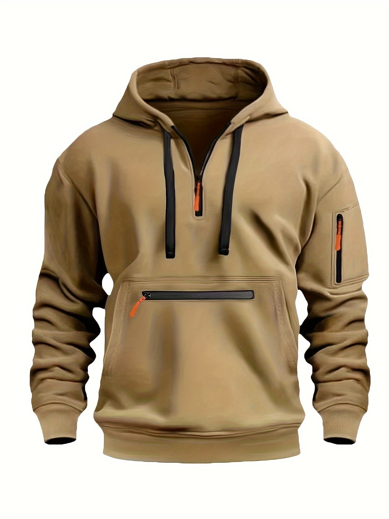 220gsm 100% Polyester Long Sleeve Hoodie - Men's Solid Color Regular Fit Casual Pullover with Zipper Pocket for Fall/Winter