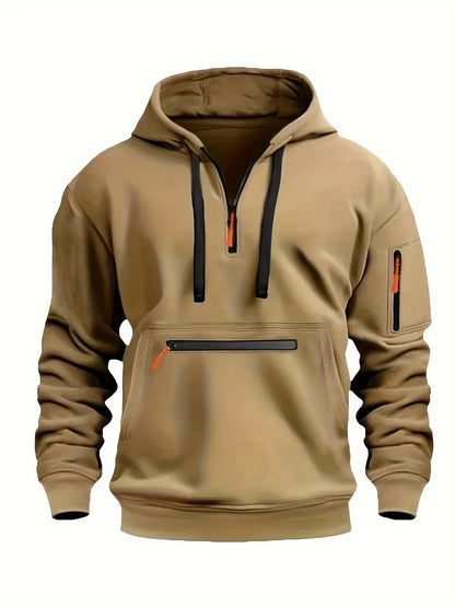 220gsm 100% Polyester Long Sleeve Hoodie - Men's Solid Color Regular Fit Casual Pullover with Zipper Pocket for Fall/Winter