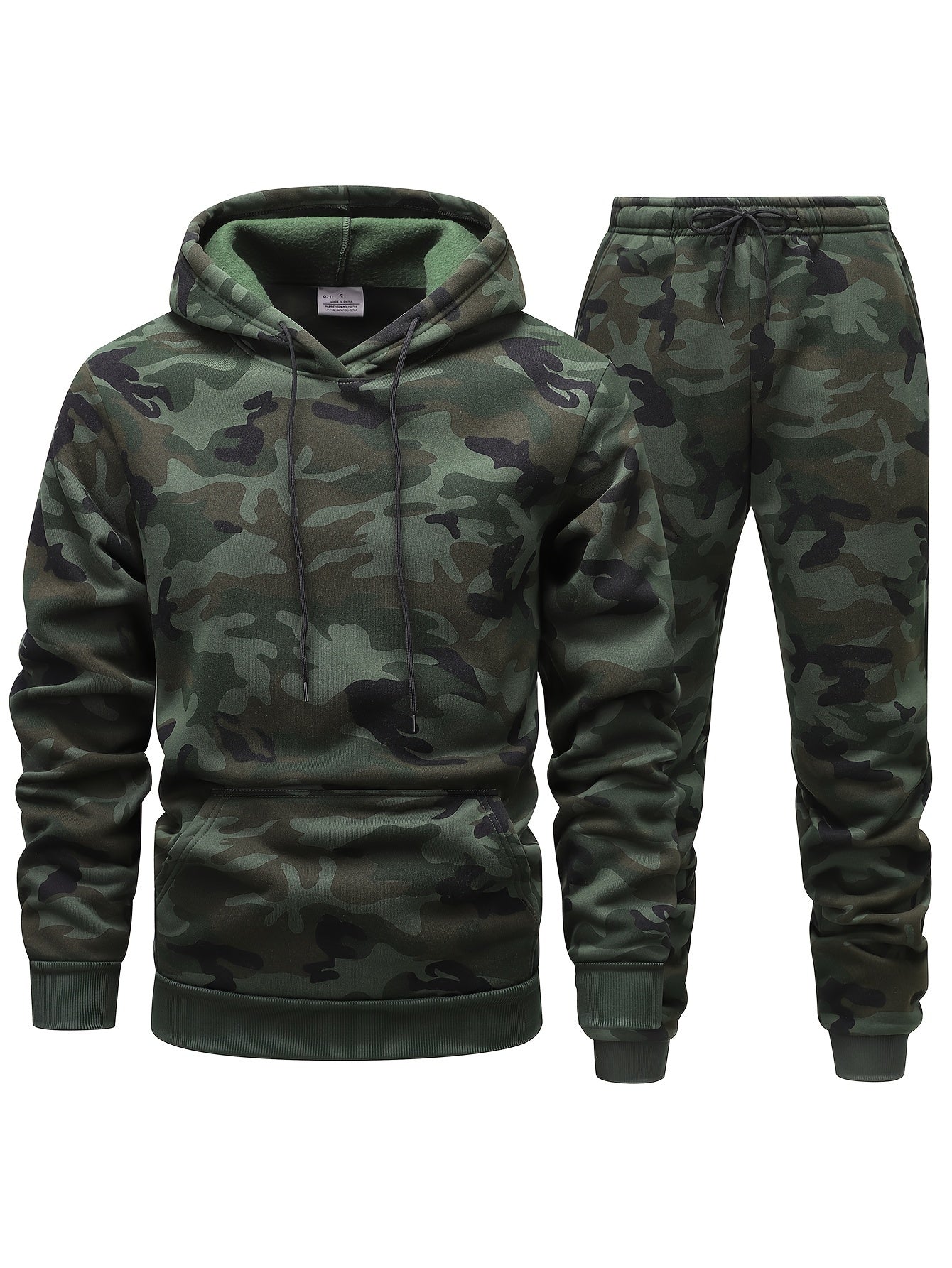Men'S Camo Hooded Sweatshirt and Pants Set, Casual Outdoor Polyester 100% Full Body Suit, Long Sleeve Pullovers with Drawstring, Regular Fit, 3D Printing, Knit Fabric, Slight Stretch, for Hiking, Camping, Hunting, Running, Tr