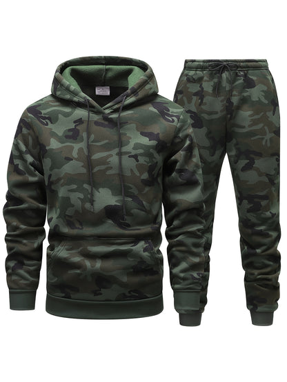 Men'S Camo Hooded Sweatshirt and Pants Set, Casual Outdoor Polyester 100% Full Body Suit, Long Sleeve Pullovers with Drawstring, Regular Fit, 3D Printing, Knit Fabric, Slight Stretch, for Hiking, Camping, Hunting, Running, Tr