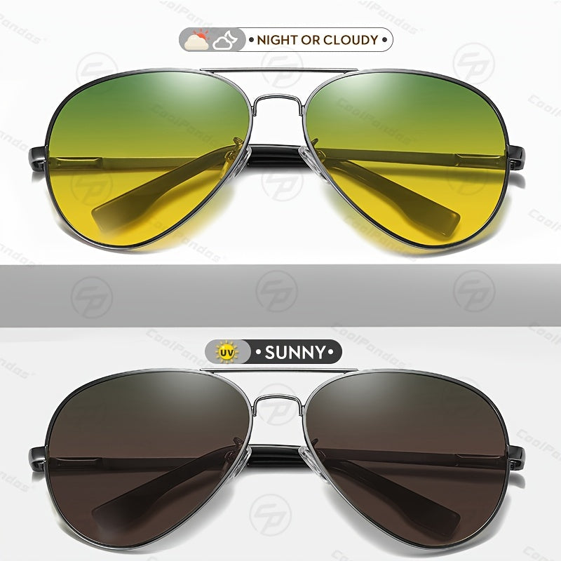 Stylish Pilot Glasses with Polarized And Photochromic Lenses for Driving Both Day And Night.