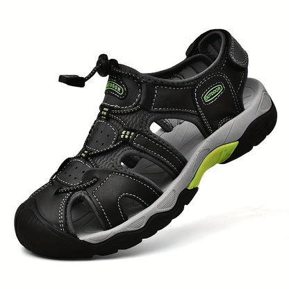 Men's Genuine Leather Non-Slip Sandals - Lightweight Quick-Dry Beach Shoes with Adjustable Straps, Breathable Rubber Sole & Comfortable Round Toe for Summer Casual Wear