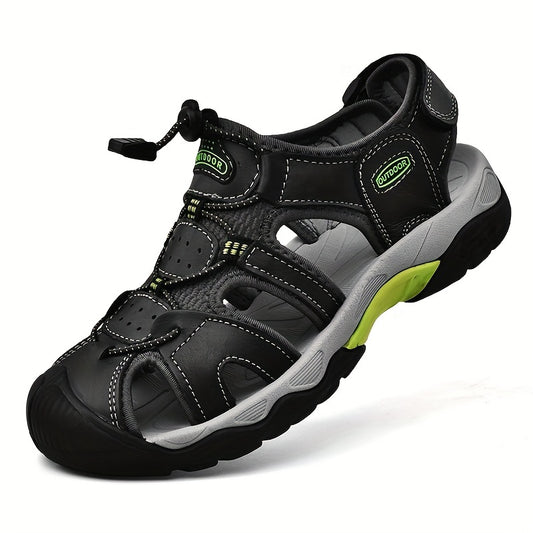 Men's Genuine Leather Non-Slip Sandals - Lightweight Quick-Dry Beach Shoes with Adjustable Straps, Breathable Rubber Sole & Comfortable Round Toe for Summer Casual Wear