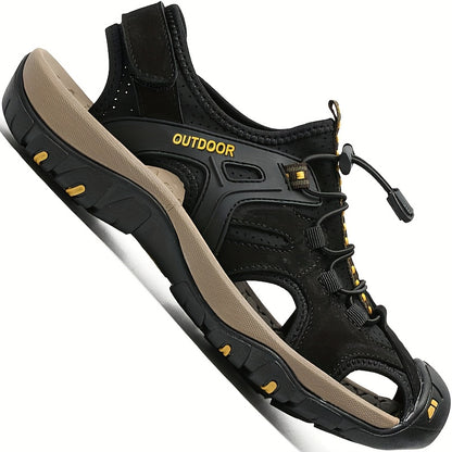 Men'S Premium Leather Sandals - Closed Toe Fisherman Style, Black/Brown/Gray, Summer Flip Flops & Hiking Shoes with Elastic Strap, Rubber Sole, and Comfortable Fabric Lining for Casual Outdoor Wear