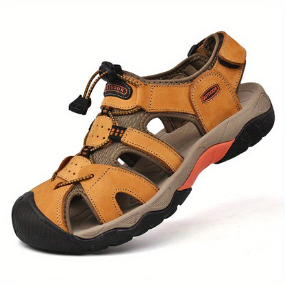 Men's Genuine Leather Non-Slip Sandals - Lightweight Quick-Dry Beach Shoes with Adjustable Straps, Breathable Rubber Sole & Comfortable Round Toe for Summer Casual Wear