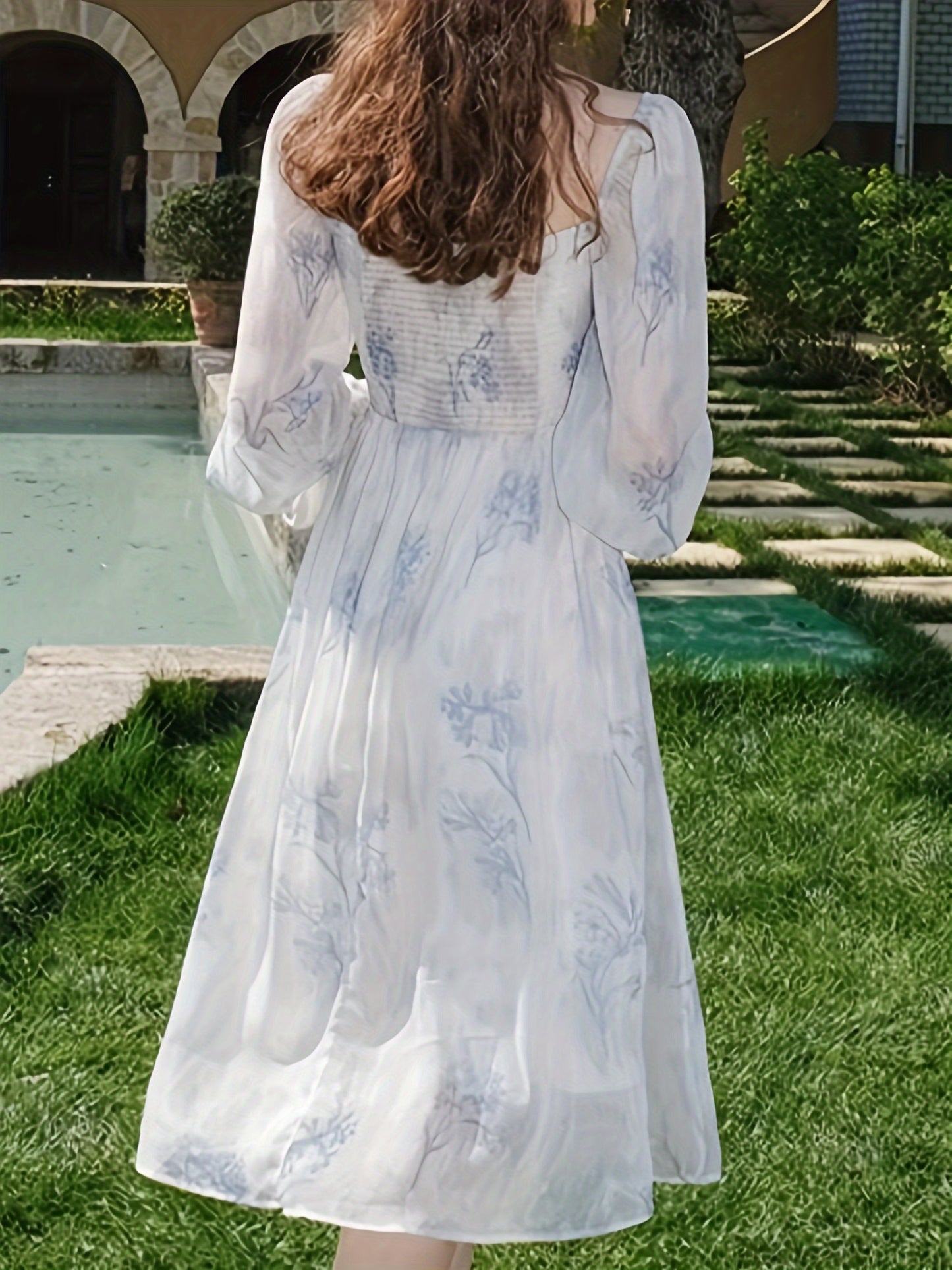 Elegant Floral Chiffon Midi Dress with Bell Sleeves - Square Neck, Long Sleeve, Lightweight, All-Season Wear for Women, Long Sleeve Dress