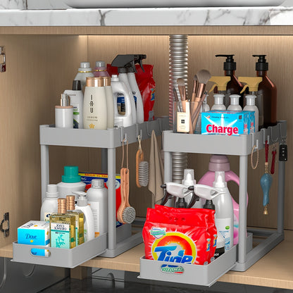 Under Sink Organizer 2 Pack, Kitchen Cabinet Organizer, 2 Tier Sliding Cabinet Basket Organizer Drawer, Multi-Purpose Bath Collection Baskets for Kitchen Under Counter Storage Organizer with 8 Hooks
