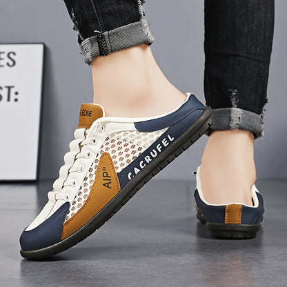 Men'S One Foot Casual Slippers - Breathable PU Upper, Cushioned EVA Insole And Durable PVC Sole, White And Navy Blue With Golden Accents, All Season Indoor/outdoor Shoes Suitable For Daily Wear And Vacation, Fashionable Shoes