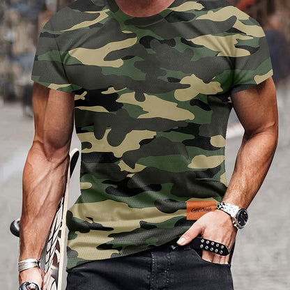 Men's Camouflage Graphic Print T-shirt, Casual Short Sleeve Crew Neck Tee, Men's Clothing For Summer Outdoor