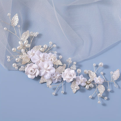 1Pc Flower Bride Wedding Hair Vine Pearl Bridal Hair Piece Leaf Hair Accessories Rhinestone Headband For Women And Girls