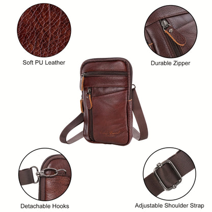 Premium PU Leather Crossbody & Belt Bag for Men and Women - Adjustable Strap, Multiple Zippered Pockets, Phone Holder, Durable Smooth Polyester Lining, Fits Smartphones Up to 6.9 Inches - Coffee Brown, Versatile Travel Pouch