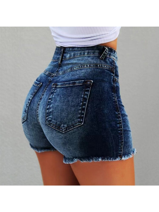 [Summer Wardrobe] Women's High-Waist Black Denim Shorts with Fringe Detail - Stylish Slimming Summer Essential, Look, Raw Hem, Casual Hot Pants for Spring/Summer