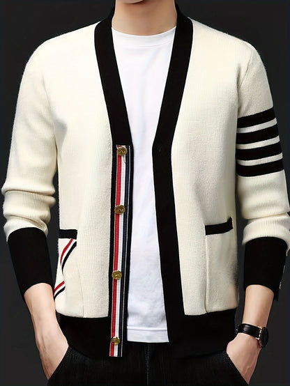 Men's New Stylish Cardigan Sweater. Autumn Patchwork Color, With A Sense Of High Class And Trendy. Loose Fit Knitted Jacket.