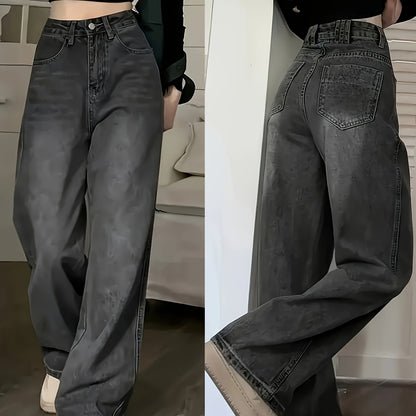Retro Style Distressed Washed Plain Loose Fit Wide Leg Washed Blue Casual Style Zipper Button Closure Denim Pants, Women's Denim Jeans & Clothing