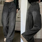 Retro Style Distressed Washed Plain Loose Fit Wide Leg Washed Blue Casual Style Zipper Button Closure Denim Pants, Women's Denim Jeans & Clothing