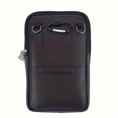 Men's Genuine Leather Crossbody Phone Holster - Brown Waist Pack with Multiple Zipped Pockets, Adjustable Strap & Headphone Hole for Casual Outings