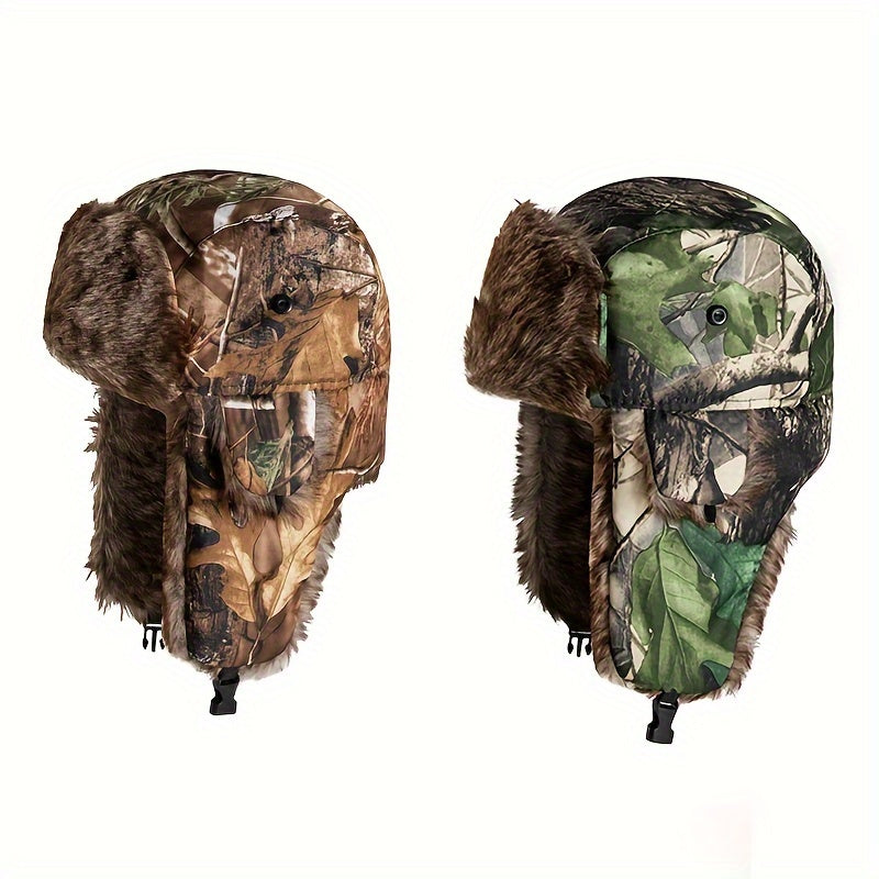 Camouflage Winter Trapper Hat Unisex Coldproof Fleece Ear Flap Hats Outdoor Hunting Hiking Bomber Hat For Women & Men