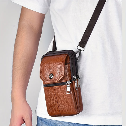 1pc Genuine Leather Cowhide Men's Waist Bag, Multi-Functional Zippered Phone Pouch with Adjustable Strap and Spacious Compartments for Work & Daily Use, Casual Style Top Layer Leather Fanny Pack
