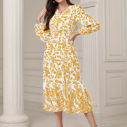 Floral & Leaves Print V-neck Dress, Elegant Elastic Waist Long Sleeve Dress For Spring & Fall, Women's Clothing