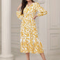 Floral & Leaves Print V-neck Dress, Elegant Elastic Waist Long Sleeve Dress For Spring & Fall, Women's Clothing