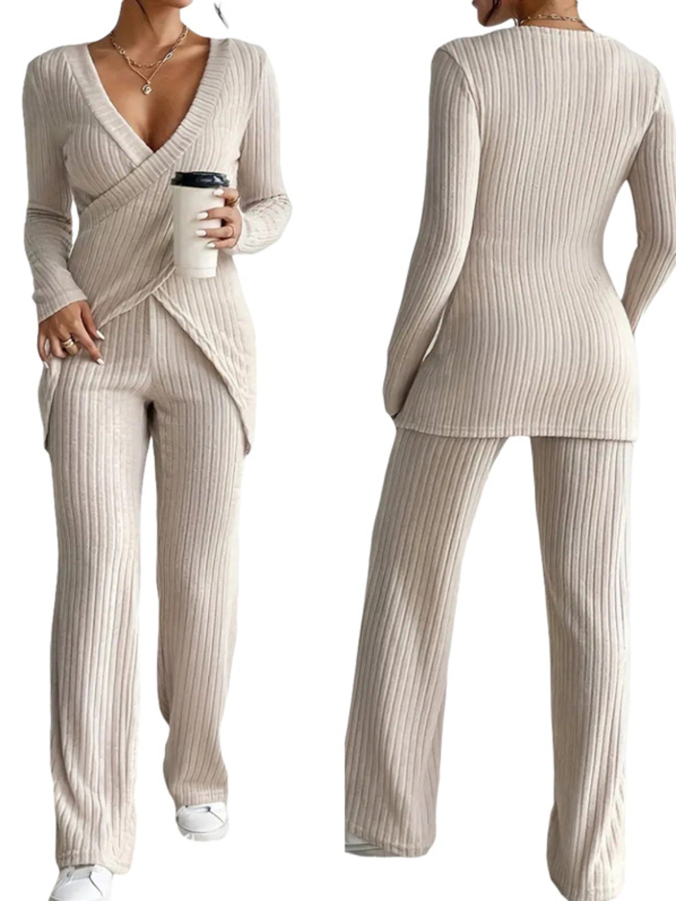 Women's Ribbed Fall Set Solid Color V-Neck Long Sleeve Slim Fit Cross Front Tops Long Pants 2pcs Outfits