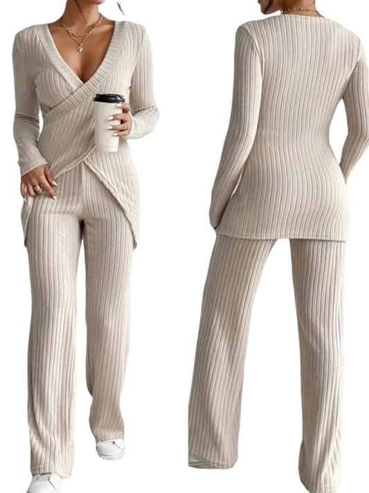 Women's Ribbed Fall Set Solid Color V-Neck Long Sleeve Slim Fit Cross Front Tops Long Pants 2pcs Outfits