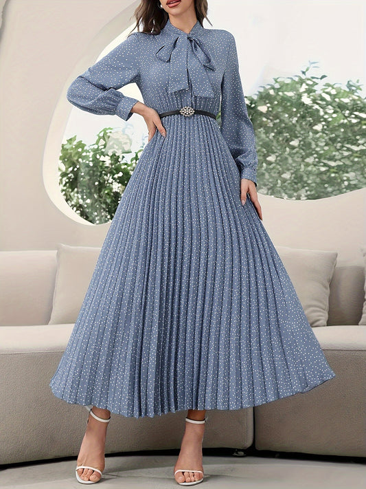Stylish Pleated Tie Neck Long Sleeve Dress - Elegant Women's Dresses for Spring & Fall Season - Comfortable, Versatile, and Chic Clothing for Ladies