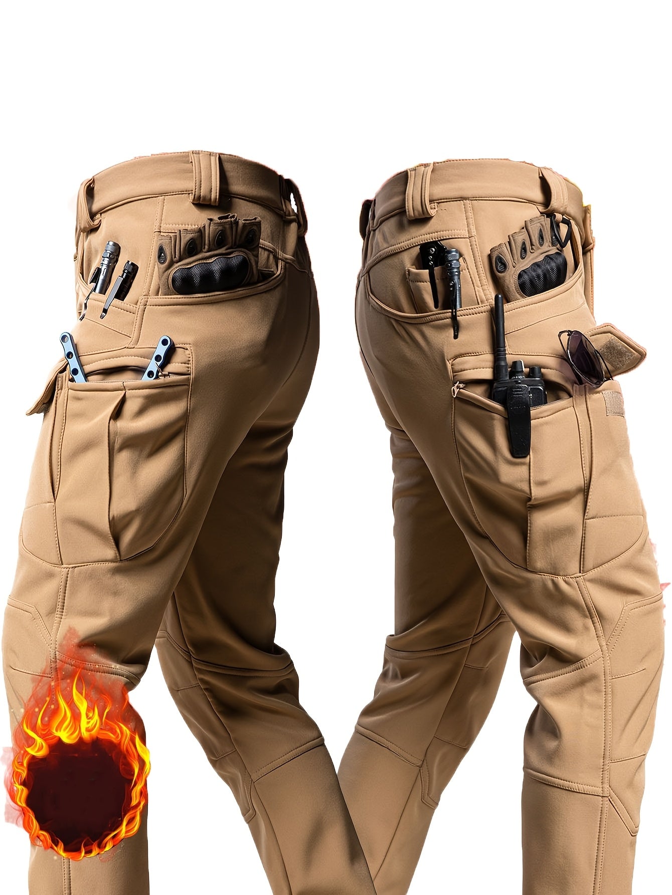 Men'S Outdoor Military Tactical Pants, Soft Shell Fleece Lined, Waterproof Windproof Warm Work Pants, Autumn/Winter Season, Polyester 90.70%, Spandex 9.30%, Solid Color, Sports Style, Regular Fit, Mid Waist, Woven Fabric, 320