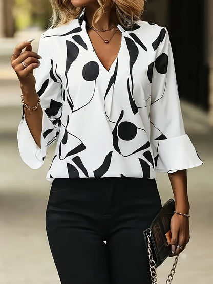 Elegant Geometric-Pattern V-Neck Blouse, 100% Polyester Ruffle Sleeve Shirt with Tight Hem, Regular Fit Pullover for Spring/Summer/Fall - Woven Adult Shirting