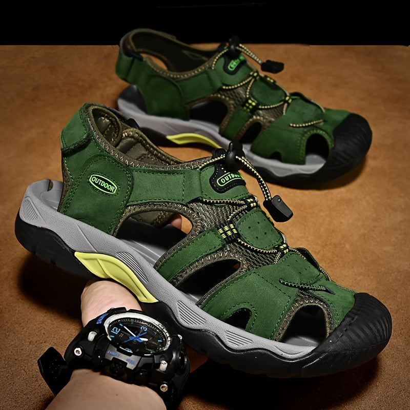 Men's Genuine Leather Non-Slip Sandals - Lightweight Quick-Dry Beach Shoes with Adjustable Straps, Breathable Rubber Sole & Comfortable Round Toe for Summer Casual Wear
