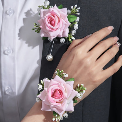 2pcs Elegant Rose Corsage and Wrist Flower Set in Polyester Fiber for School Events, Parties, Weddings Decorations