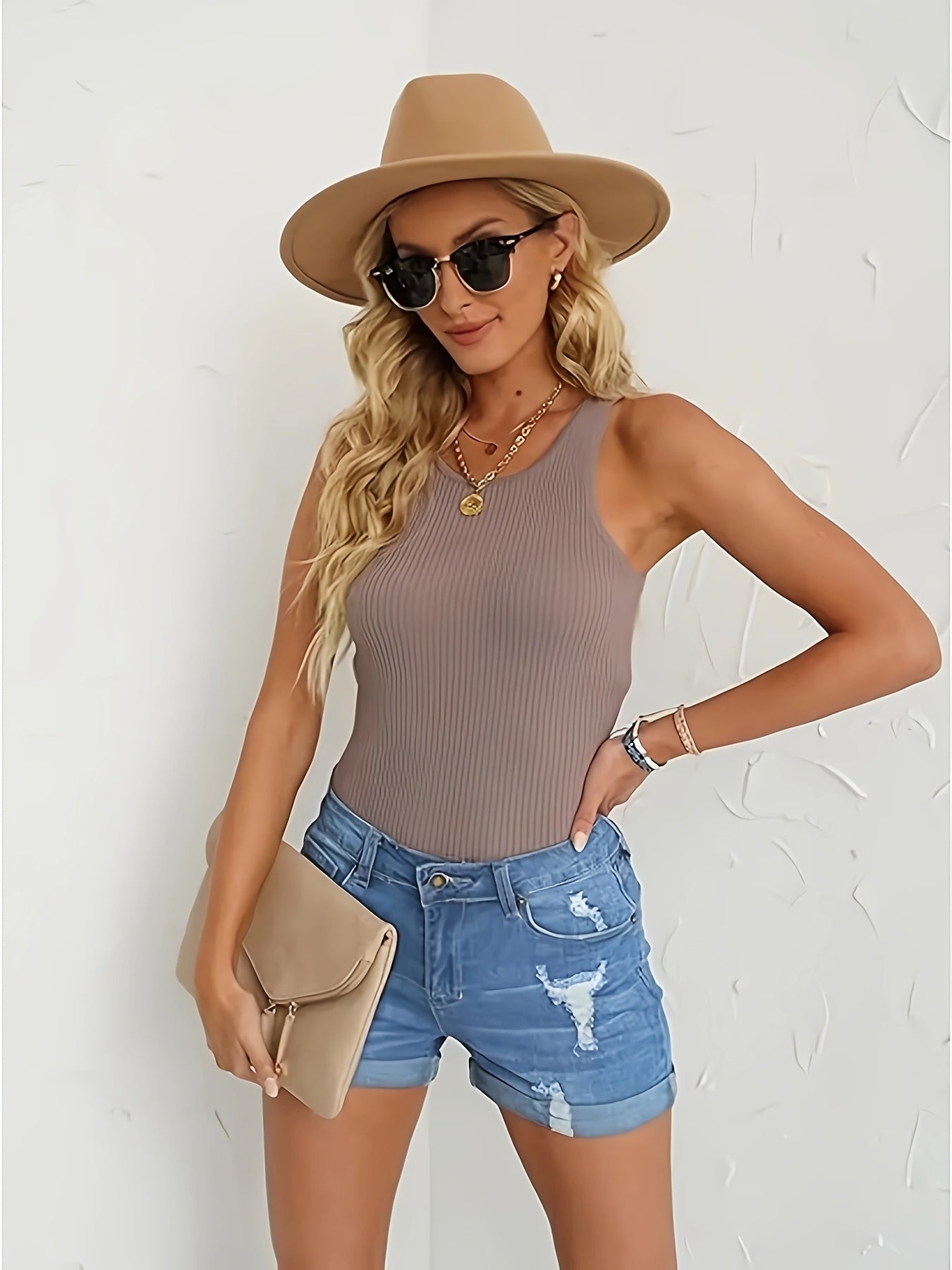 Women's High Waist Ripped Denim Shorts - Distressed Summer Fashion, Breathable Stretch Jeans with Rolled Hem, Casual Blue Denim Shorts for Spring/Summer, Jean Shorts