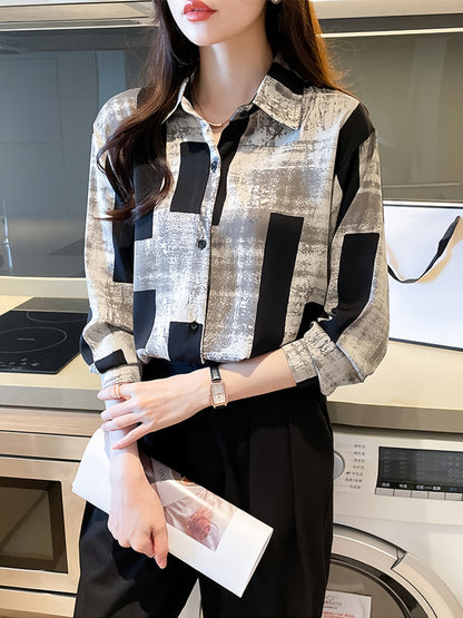 Chic Floral Print Long Sleeve Shirt for Women - Casual Collared Top with Button Detail, Machine Washable - Perfect for Spring & Fall, Loose Slimming, Square Print