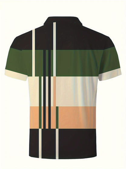 2024 Men'S Casual Geometric Print Knit Polo-Style Shirt with Lapel Collar and Slight Stretch - 100% Polyester Material - Regular Fit