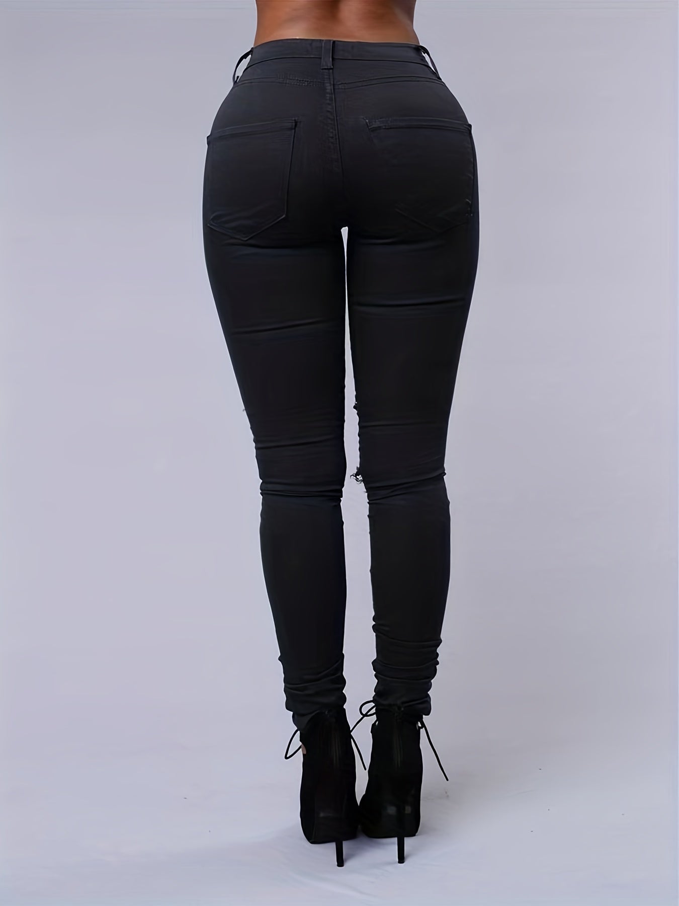 Ripped High Strech Distressed Jeans, Zipper Button Closure Solid Color Slim Fit Denim Pants, Women's Denim Jeans & Clothing