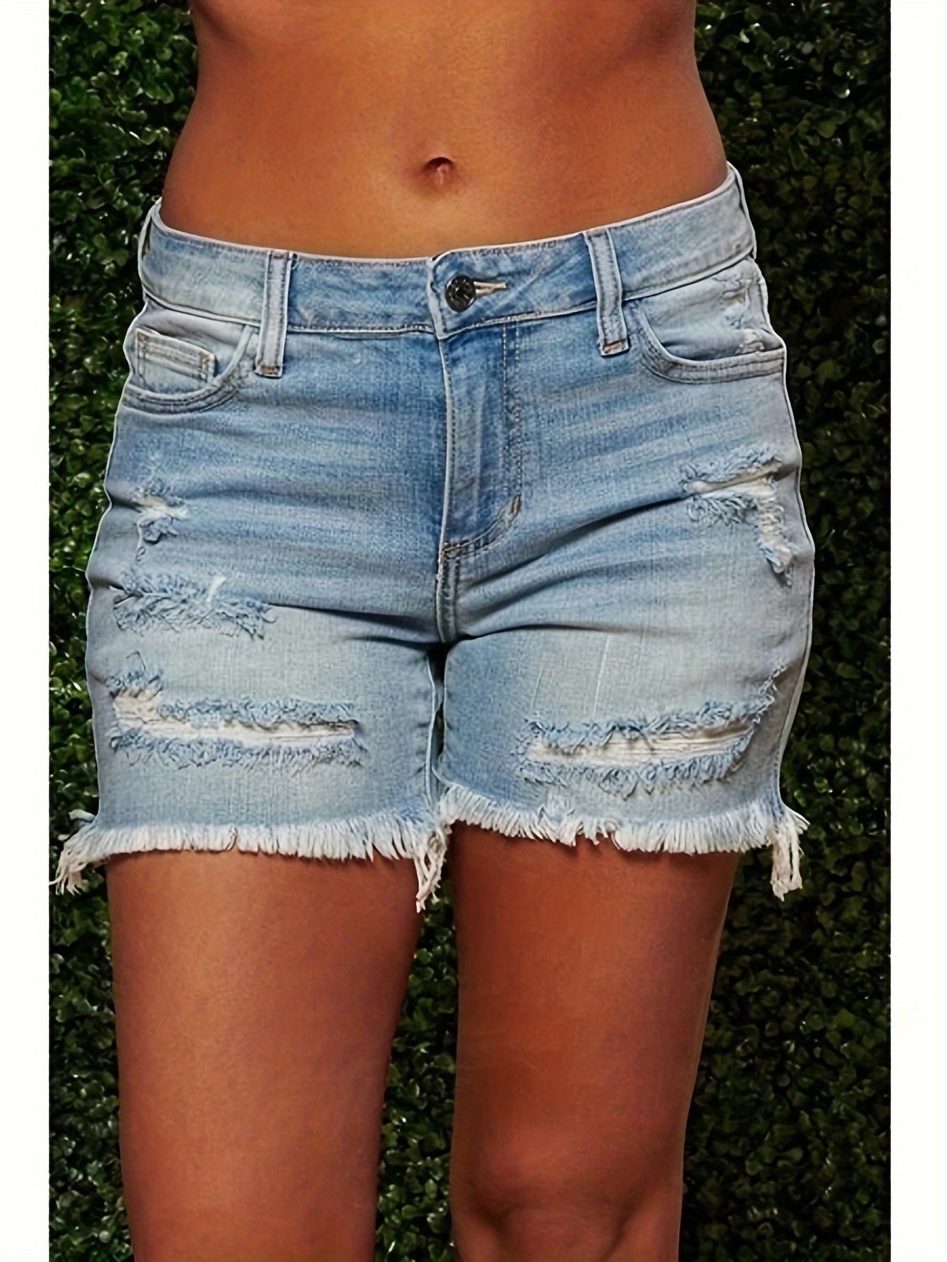 Women's retro washed ripped shorts- comfortable fit, faux gray with frayed edges and worn-out details, casual summer style, polyester blend, washable, shorts