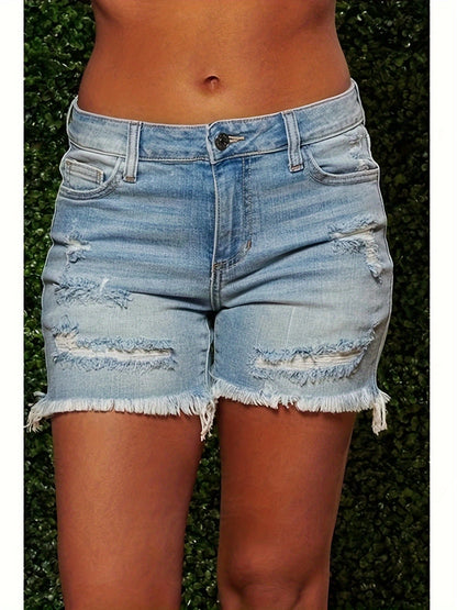 Women's retro washed ripped shorts- comfortable fit, faux gray with frayed edges and worn-out details, casual summer style, polyester blend, washable, shorts