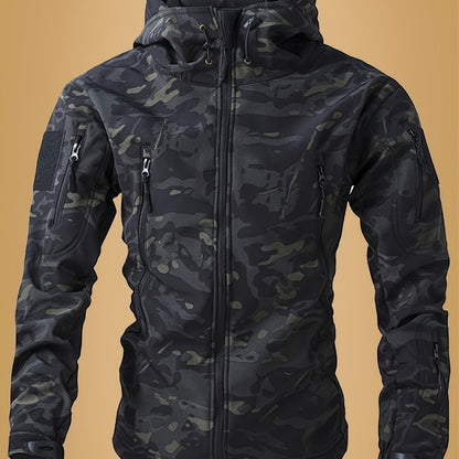 Men's Camouflage Print Softshell Jacket, Multi-Pocket Hooded Coat, Windproof Outdoor Jacket For Hiking And Camping