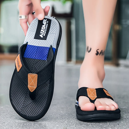 Men's Summer Flip-Flops - Non-Slip, Odor-Resistant Beach Sandals with Arch Support, Green & Yellow Striped Design, Comfortable EVA Upper & Rubber Sole for Everyday and Casual Wear, Leisure Comfort | Casual Style | Durable San