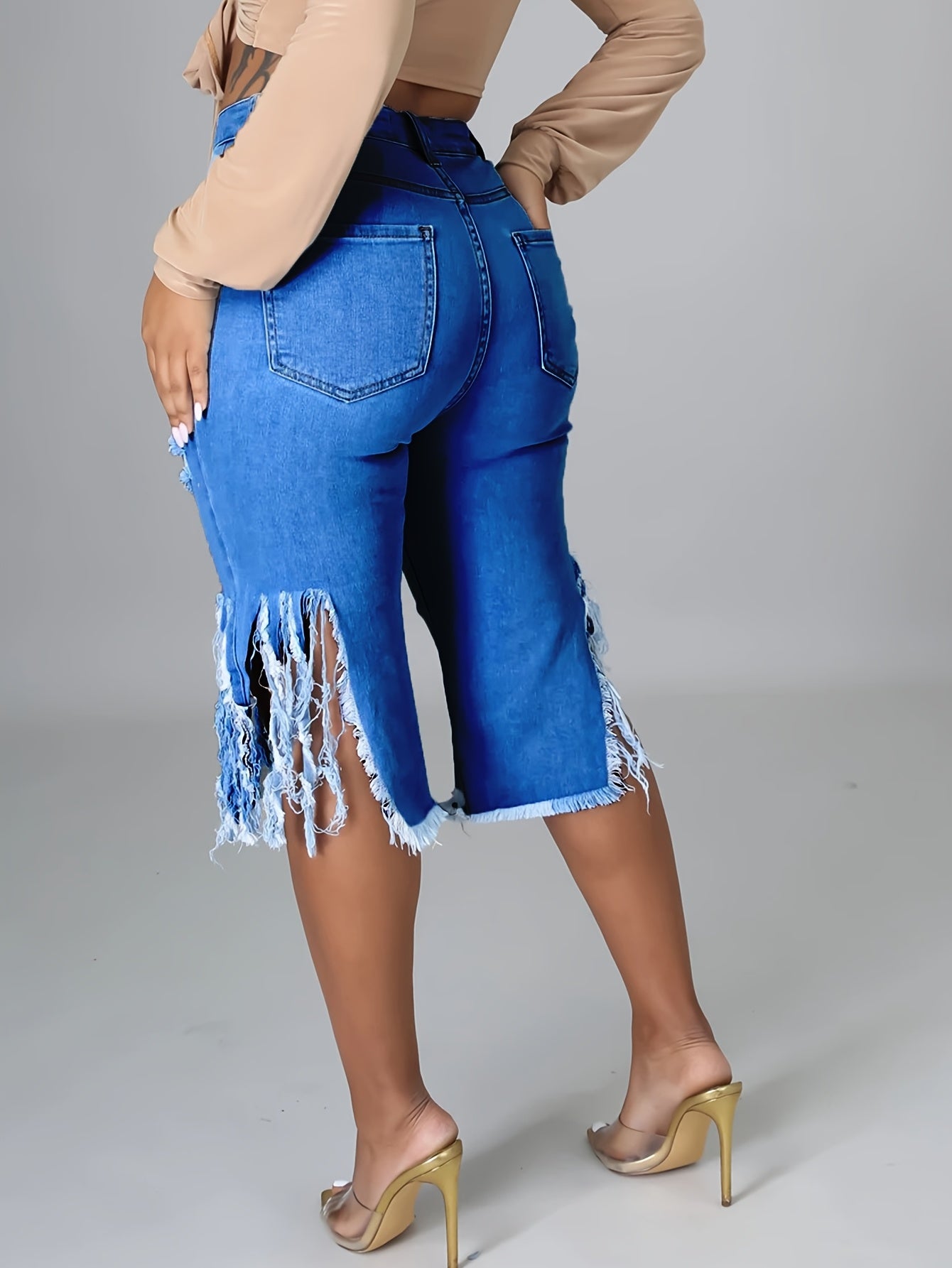Trendy Distressed Denim Shorts with Fringe Hem for Women