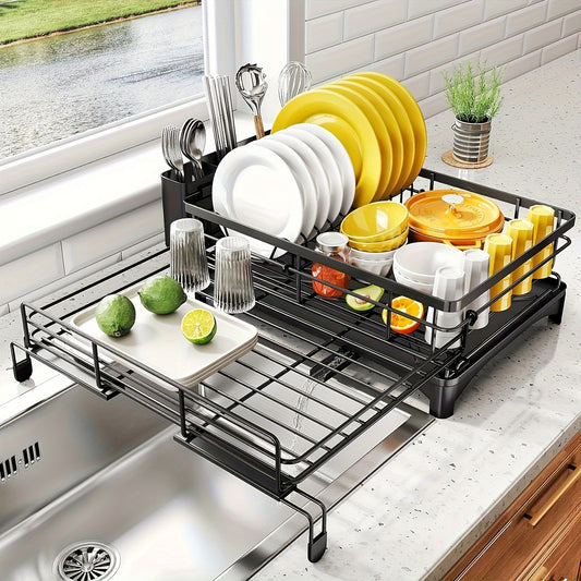 Expandable 2-in-1 Dish Drying Rack - Space-Saving, Rust-Resistant Metal Dish Drainer With Pan Slots, Utensil Holder, And Drainboard For Kitchen Counter And Sink Organization