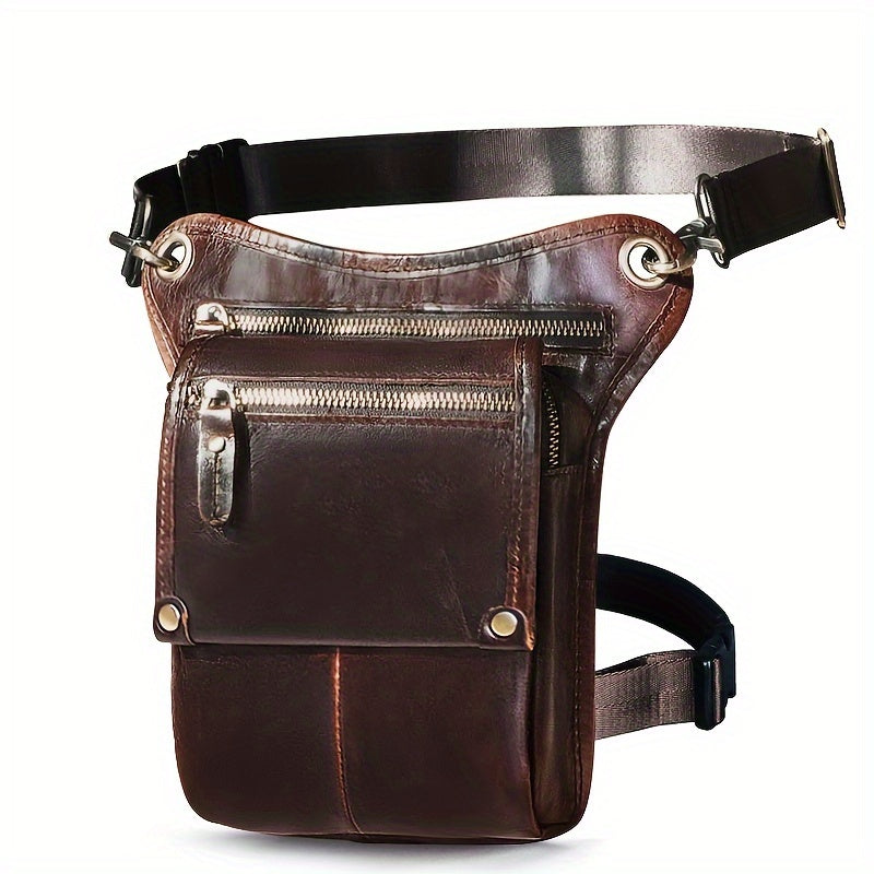 Men's Genuine Leather Vintage Sling Bag - Casual Classic Brown Travel Fanny Pack with Multiple Zippered Pockets & Adjustable Strap