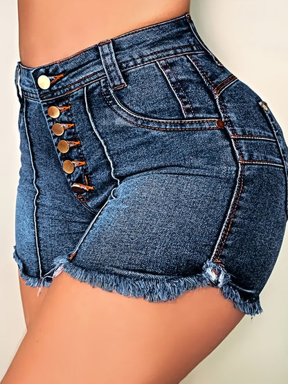 Women'S Front Button Dark Blue Folded Rim Buttocks Fur Edge Pants Feet Denim Shorts