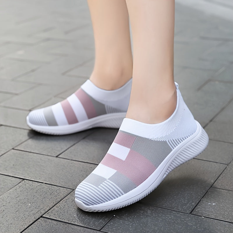 Women's Breathable Knit Sneakers, Casual Slip On Outdoor Shoes, Comfortable Low Top Shoes