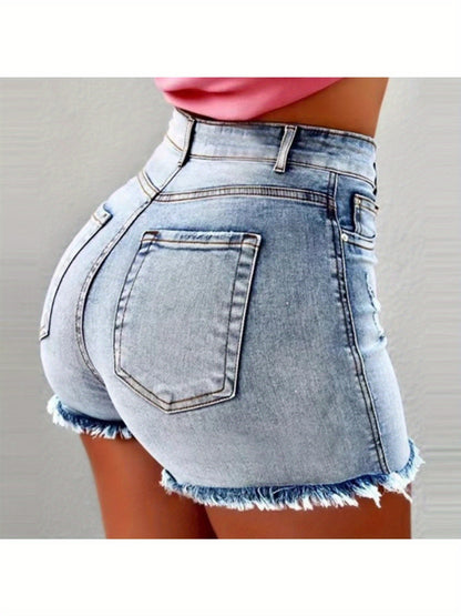 [Summer Wardrobe] Women's High-Waist Black Denim Shorts with Fringe Detail - Stylish Slimming Summer Essential, Look, Raw Hem, Casual Hot Pants for Spring/Summer