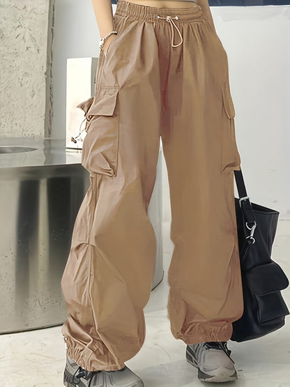 Stylish Wide Leg Cargo Pants with Flap Pockets - Comfortable Drawstring Waist, Relaxed Fit, Breathable Fabric, Perfect for Spring & Summer Outings - Women's Casual Clothing for Everyday Wear