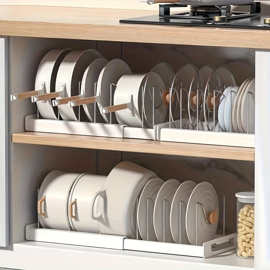 Pots And Pans Organizer, Adjustable Bakeware Organizer Pot Lid Holder Rack, Expandable Kitchen Organizer Rack Holder With Dividers - Under Cabinet Storage For Pots, Pans, Lids, Bakeware (White)