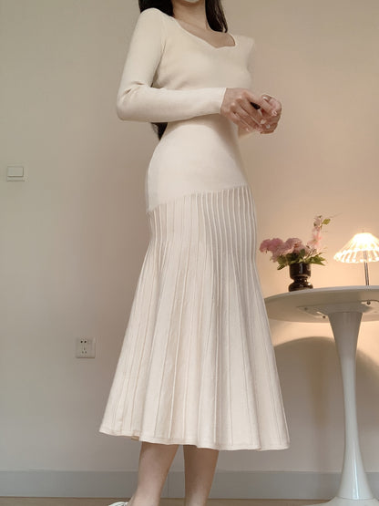 Long Sleeve V-Neck Knit Dress, Polyester, Polyamide, Viscose Blend, Middle Eastern Style, Autumn/Winter, Floor-Length, A-Line, Hand Wash Or Dry Clean