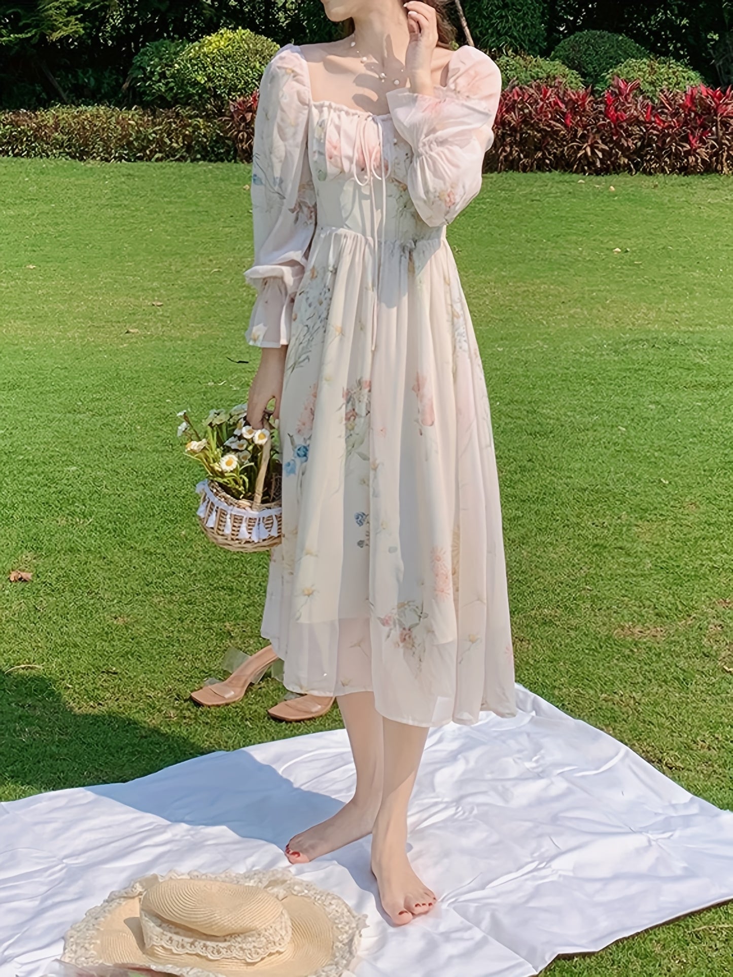Elegant Floral Chiffon Midi Dress with Bell Sleeves - Square Neck, Long Sleeve, Lightweight, All-Season Wear for Women, Long Sleeve Dress